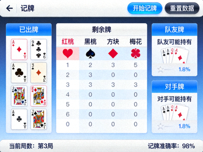 掼蛋记牌器官方版用户界面示意图，展示清晰的记牌面板